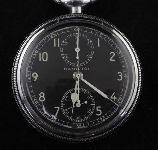 A mid 20th century base metal Hamilton Model 23 military issue chronograph keyless pocket watch,